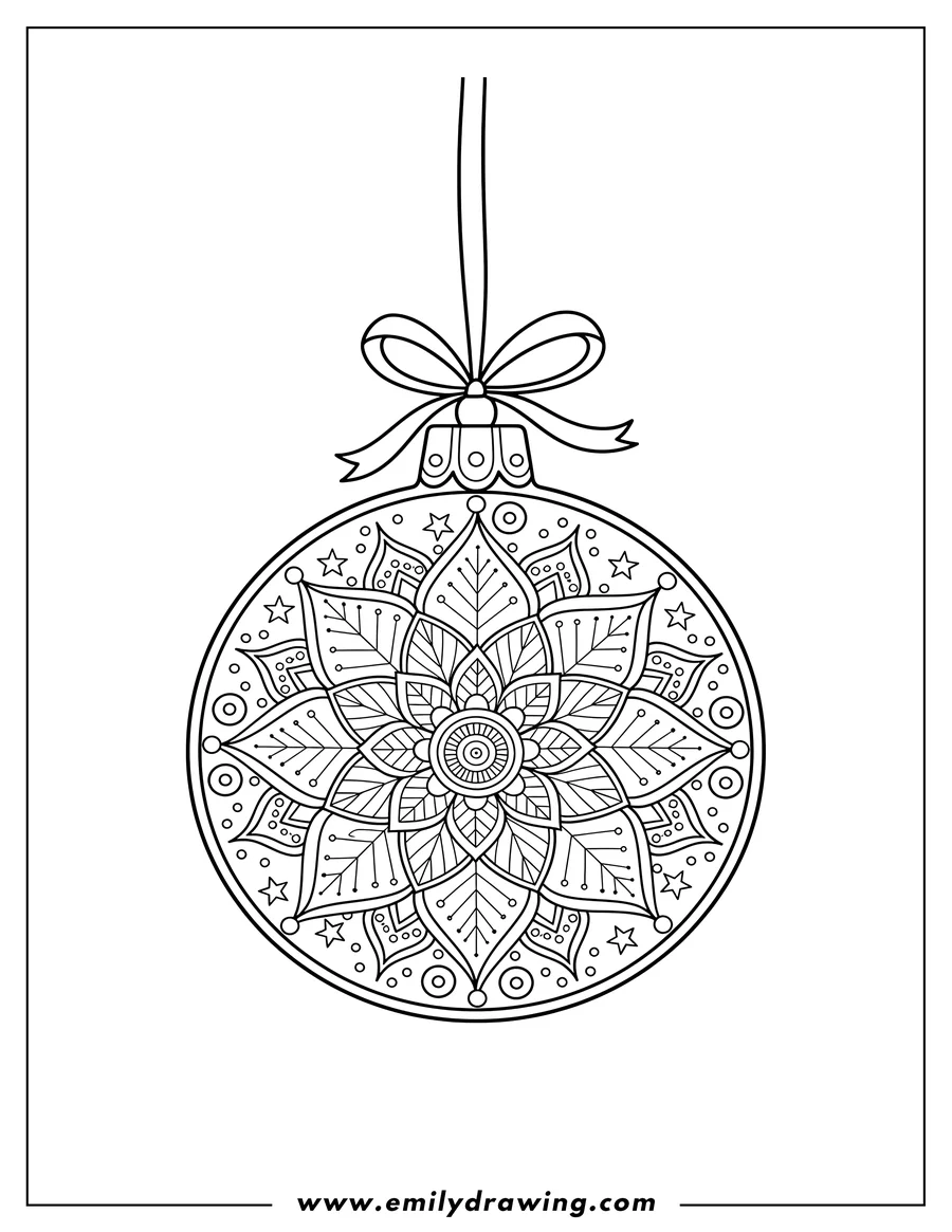 Clean line drawing: christmas ornament with a round poinsettia mandala