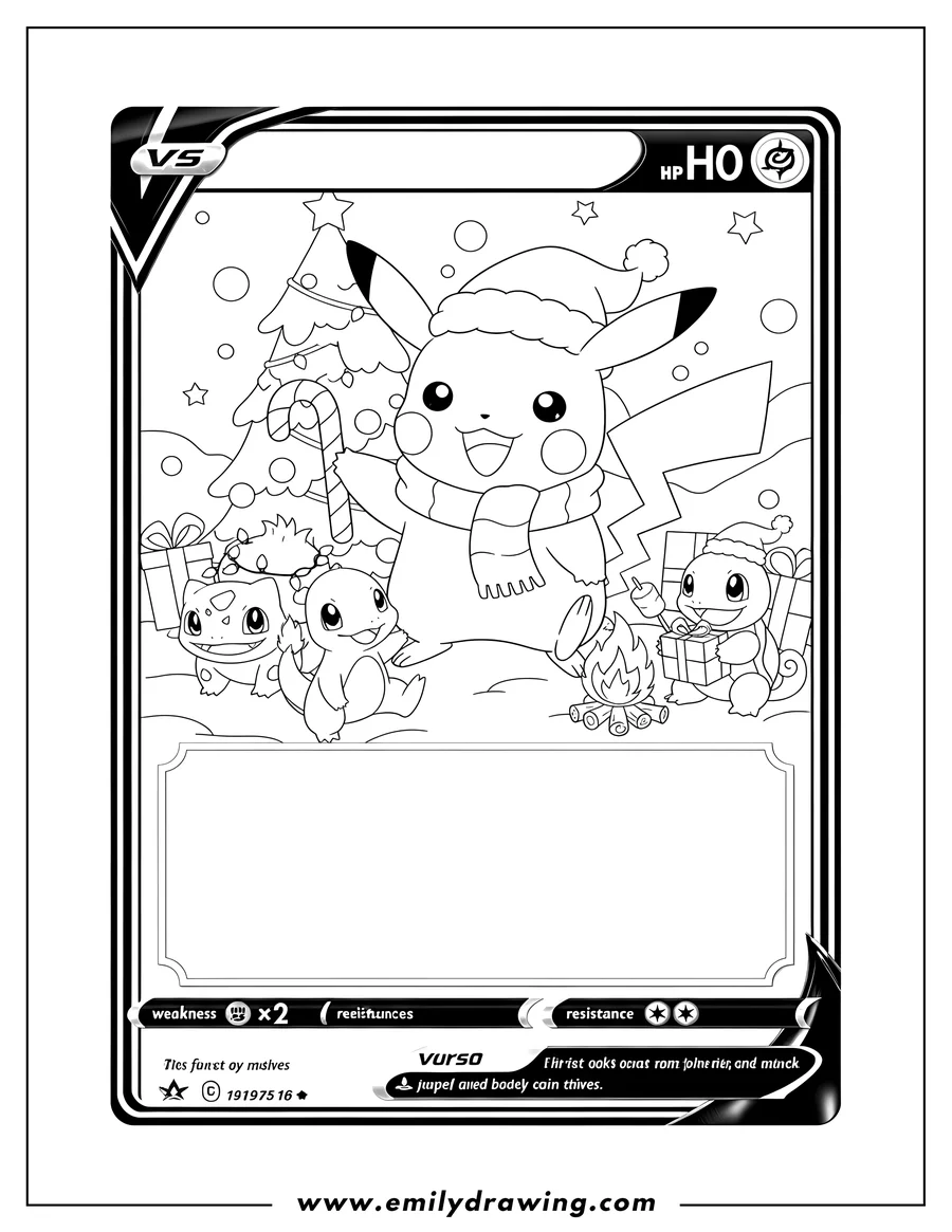 Vector style outline of christmas Pokemon V Card with Pikachu and friends celebrating Christmas