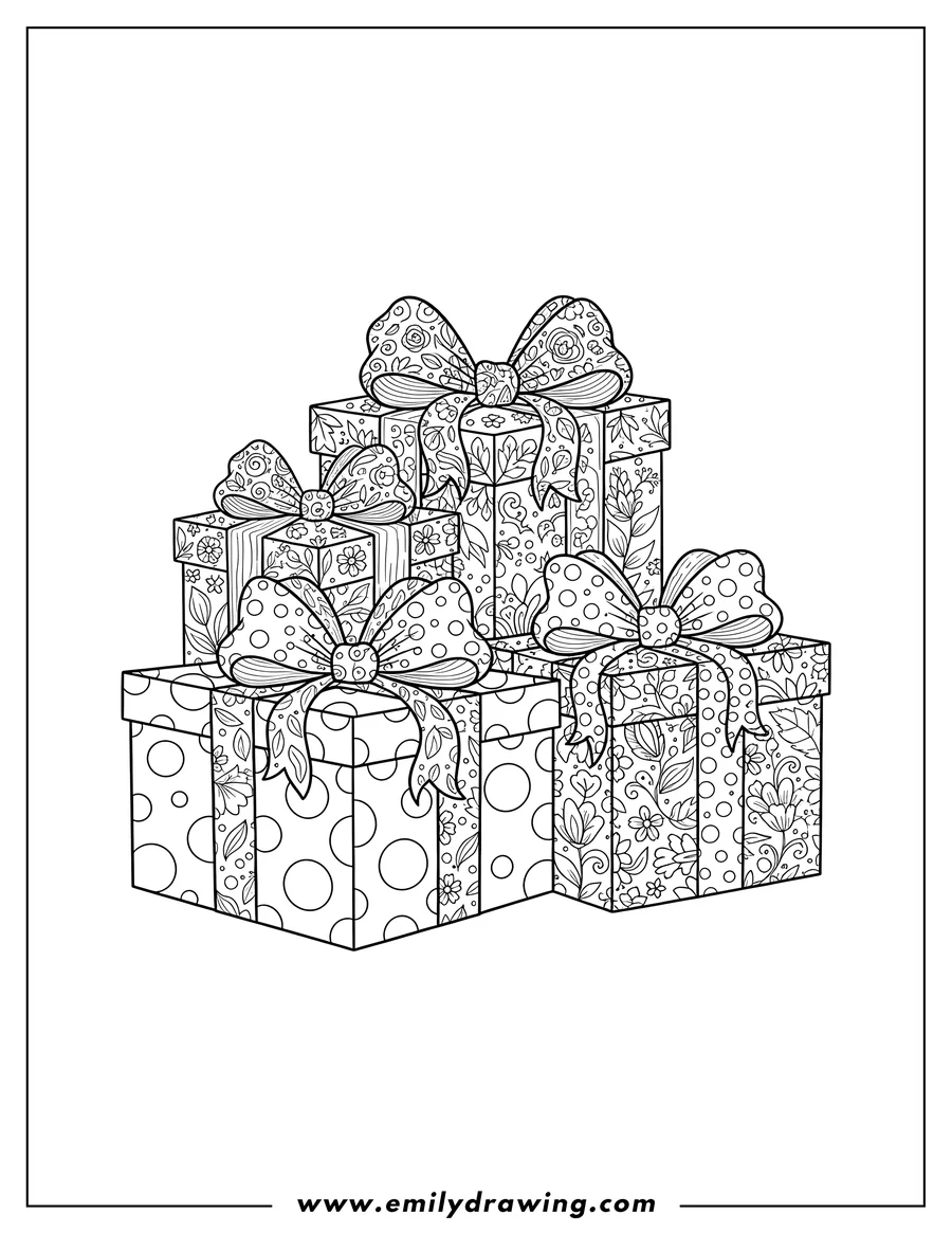 Vector style outline of christmas Presents With Large Bows Scaled, with polka dot and floral patterns
