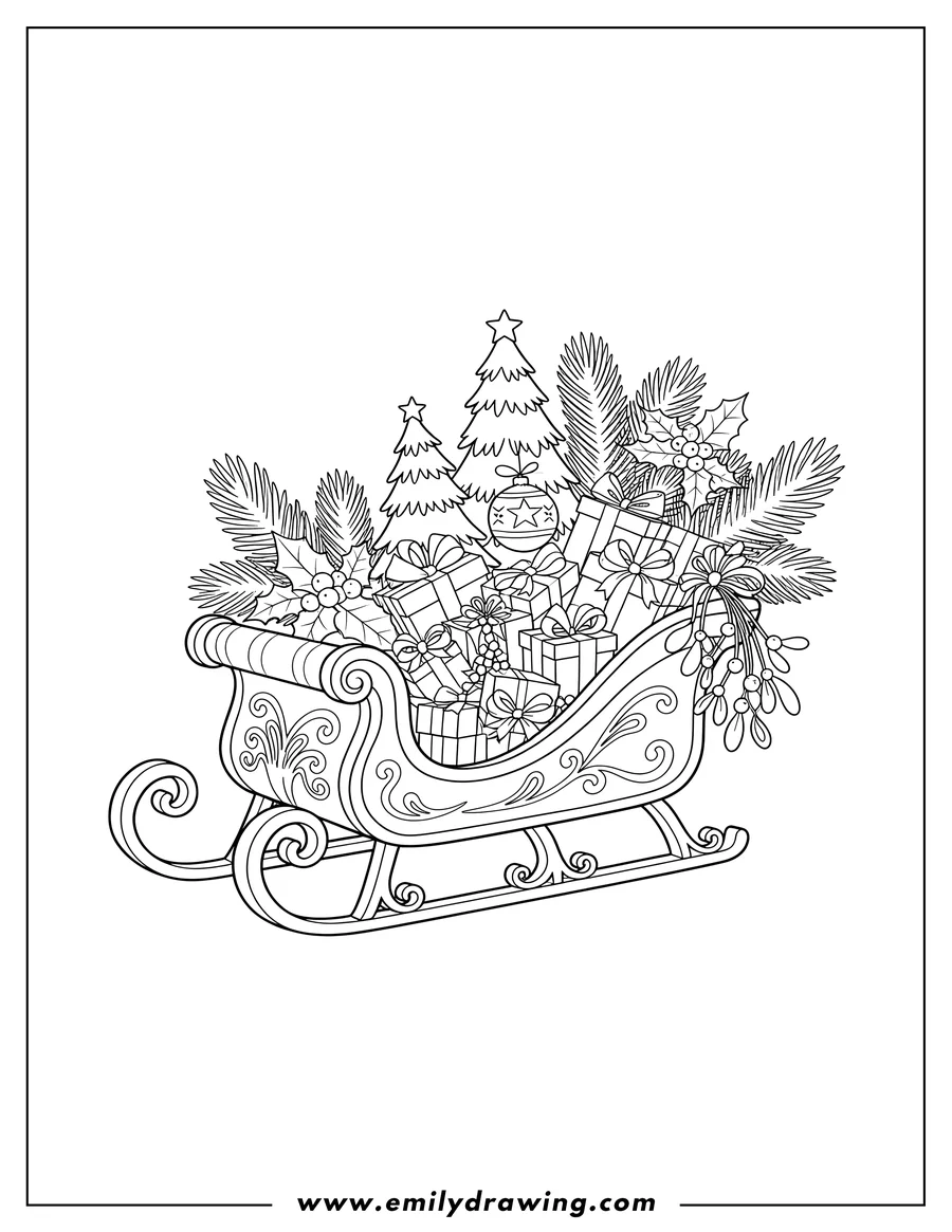 High quality printable A Christmas sled decorated with small trees and stars, filled with pine branches, presents, holly, mistletoe, and a Christmas ornament for coloring