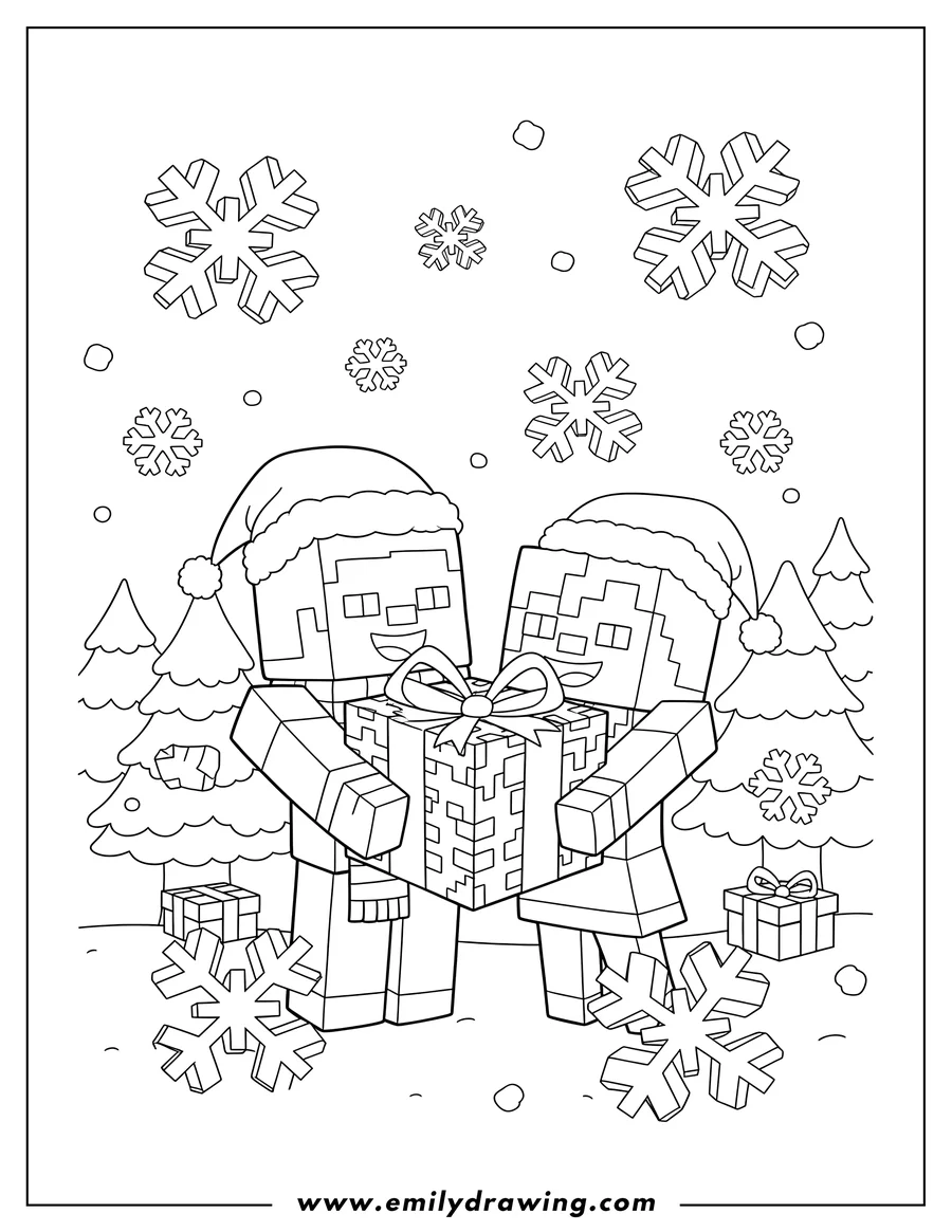 Clean line drawing: christmas Themed Minecraft, Steve and a friend with a present, falling snowflakes