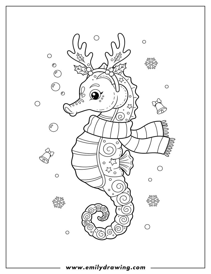 Free to print drawing of christmas Themed Seahorse To Color wearing reindeer antlers and a striped scarf