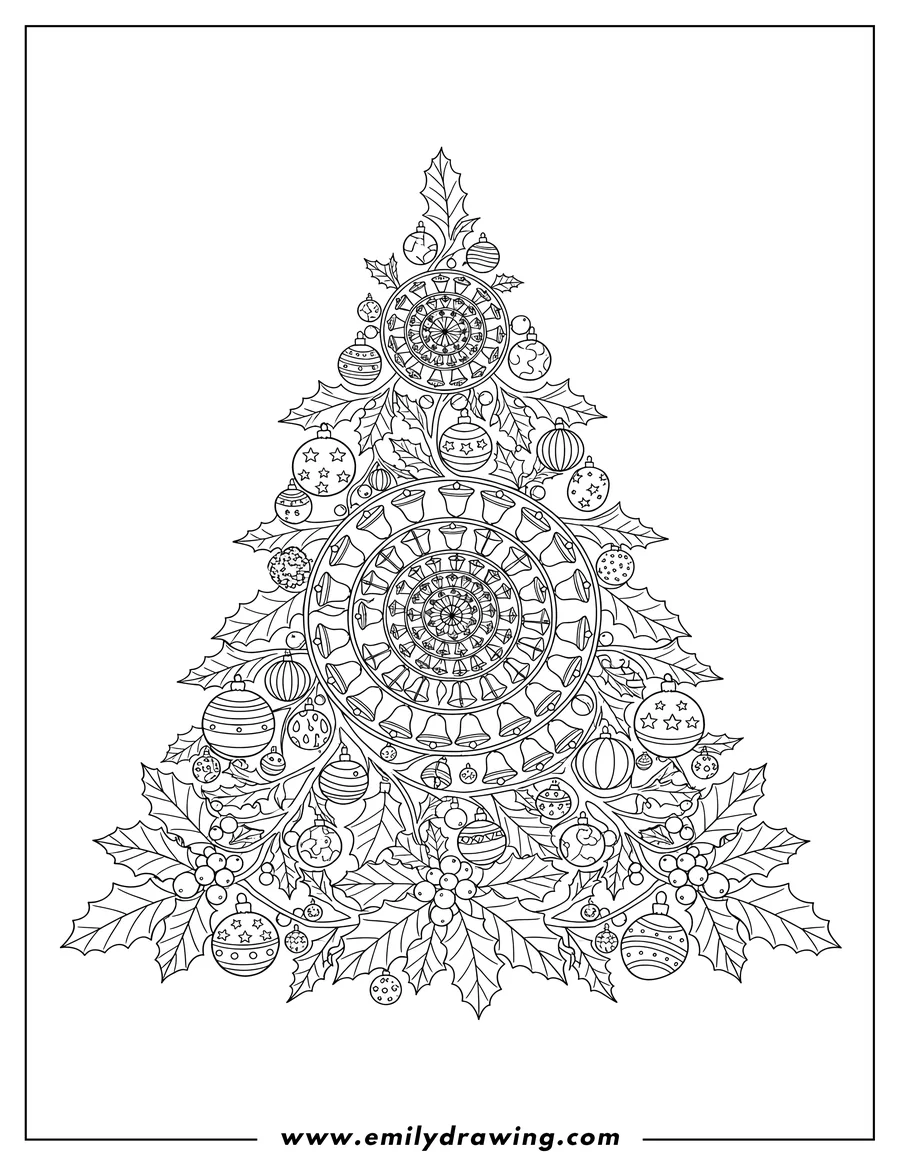 Doodle style coloring picture of christmas Tree With Bells Mandala, with ornaments and holly leaves