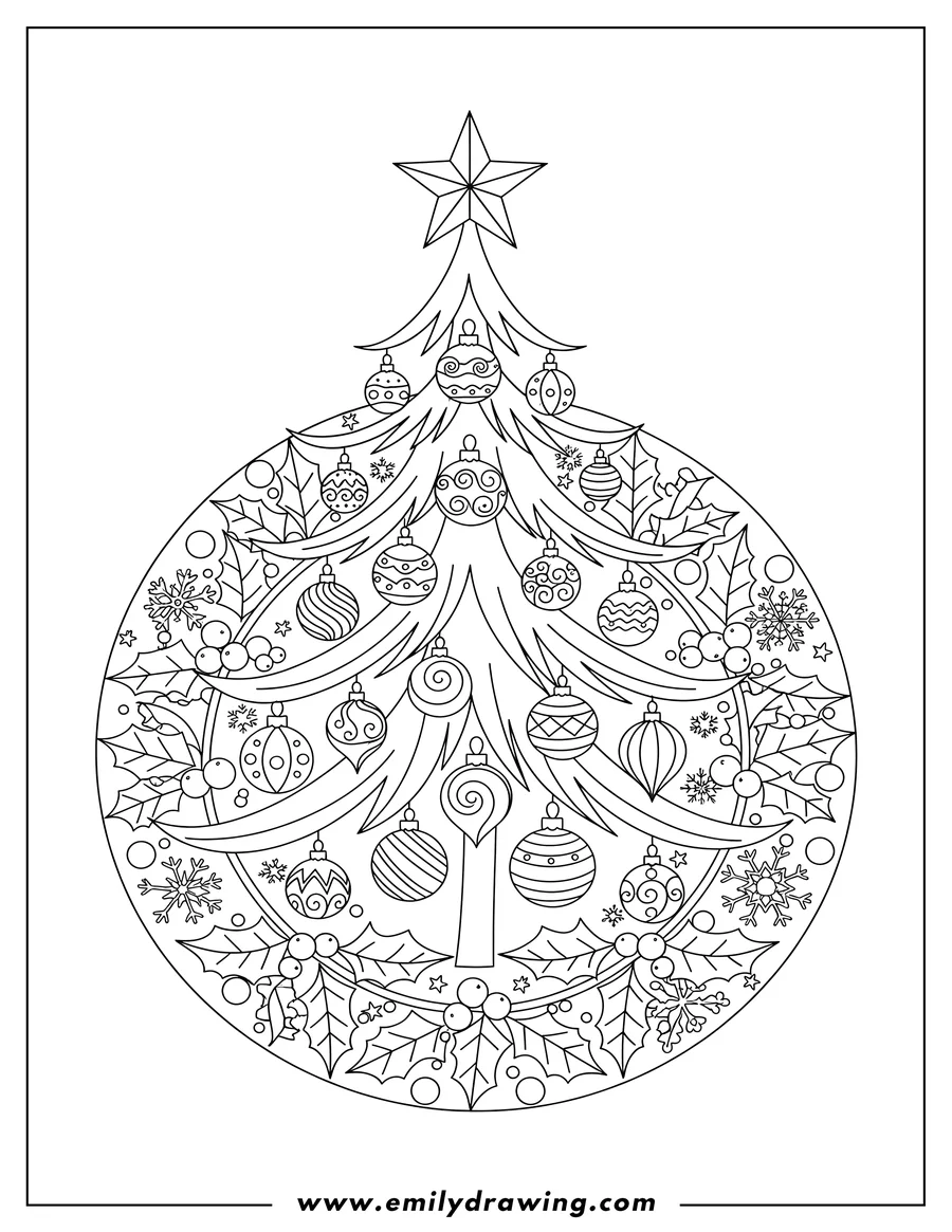 Black and white line art of christmas tree decorated with a star and ornaments, surrounded by a mandala of holly leaves, berries, and snowflakes