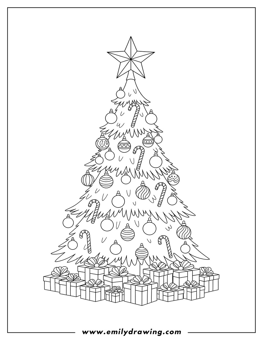 Coloring page of christmas tree with a star on top, decorated with ornaments and candy canes, and presents