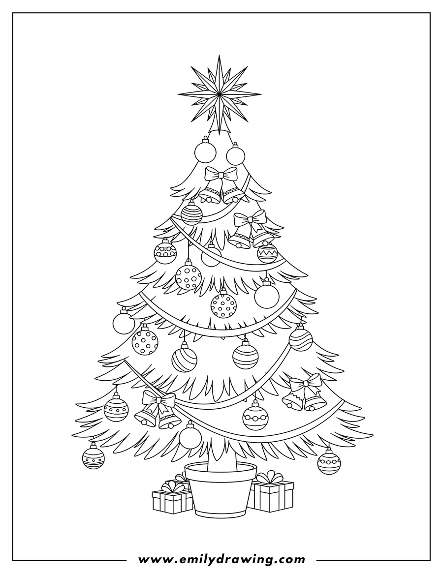 Outline drawing of christmas Tree with a star on top, filled with festive baubles and bells