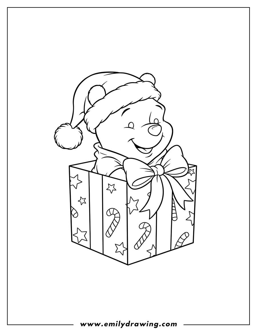 Doodle style coloring picture of christmas Winnie Pooh in a Santa hat, peeking out of a gift box
