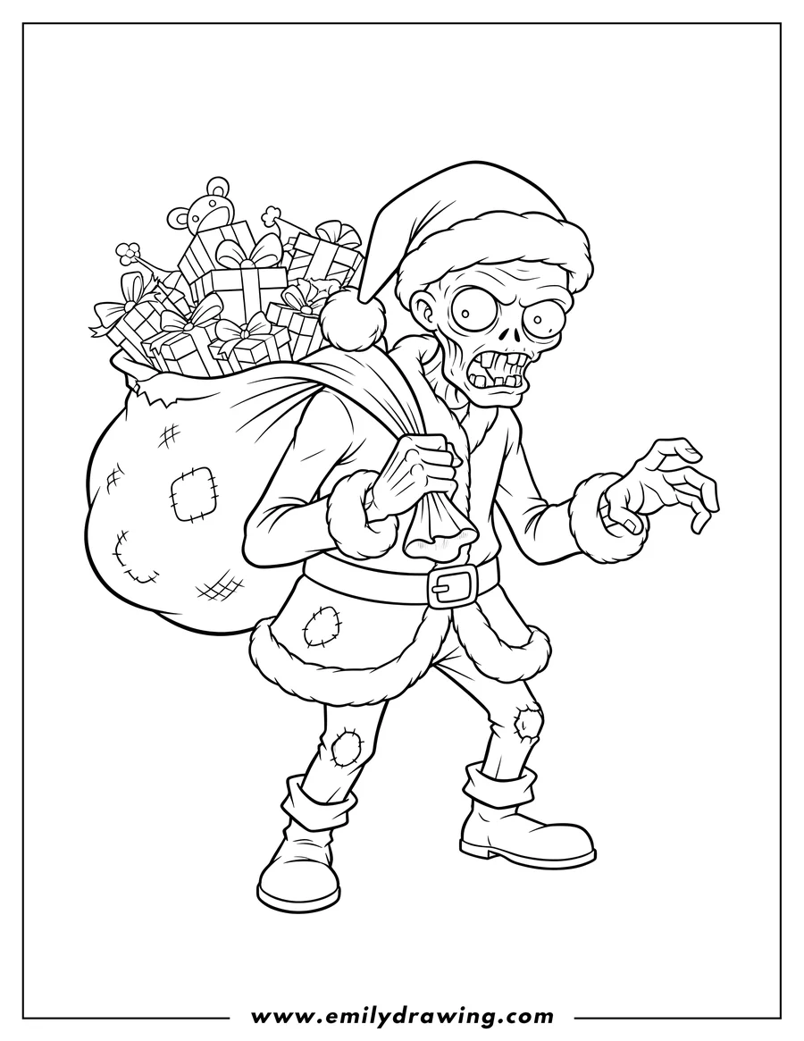 Free to print drawing of plants Vs Zombies Christmas zombie wearing a Santa hat and carrying a gift sack