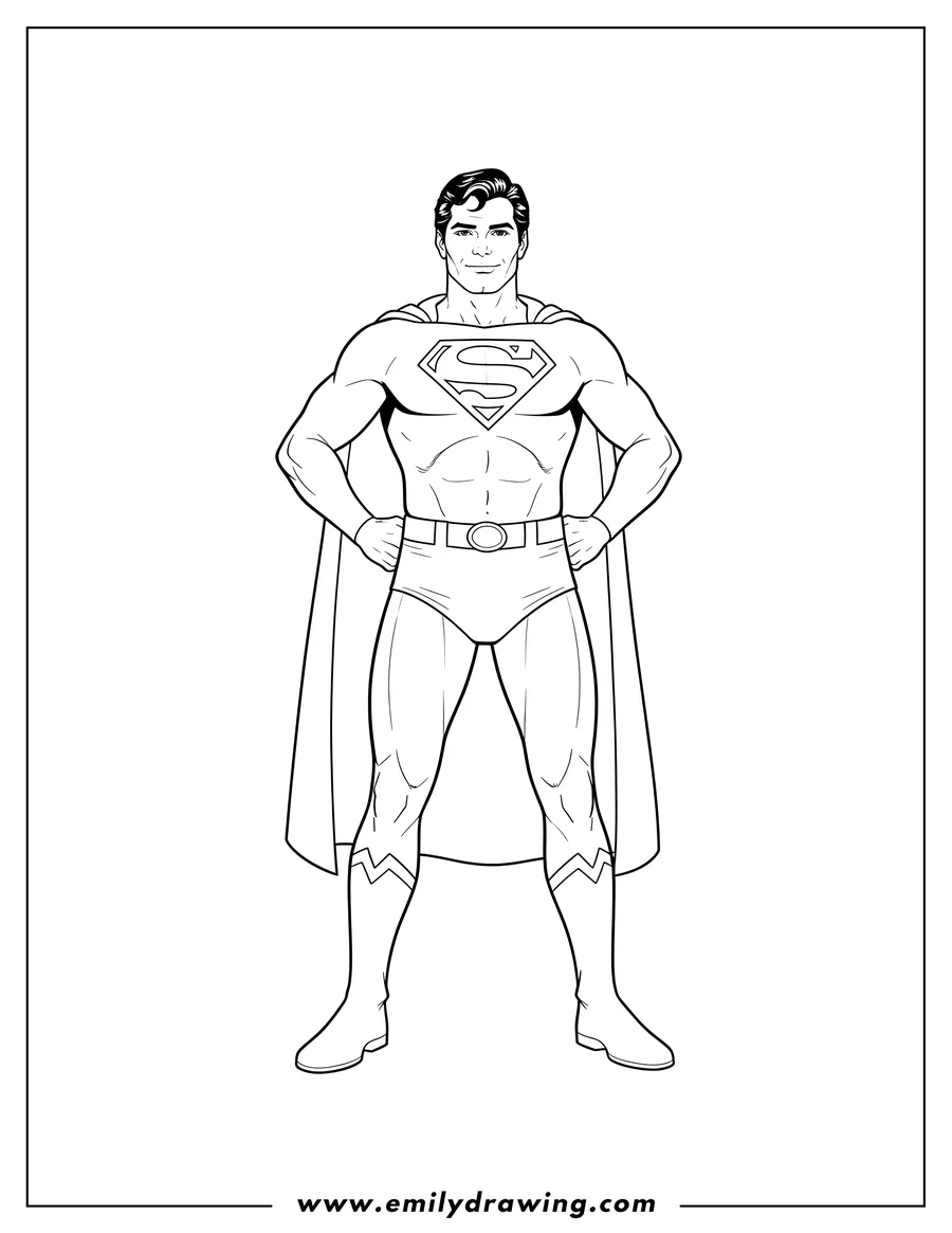 Coloring page of christopher Reeve Superman standing with hands on hips