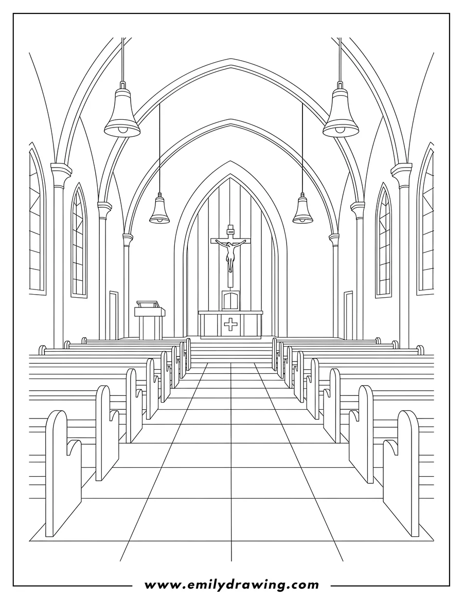 Free to print drawing of church interior with pews, an altar with a crucifix, an arched alcove, and hanging lamps
