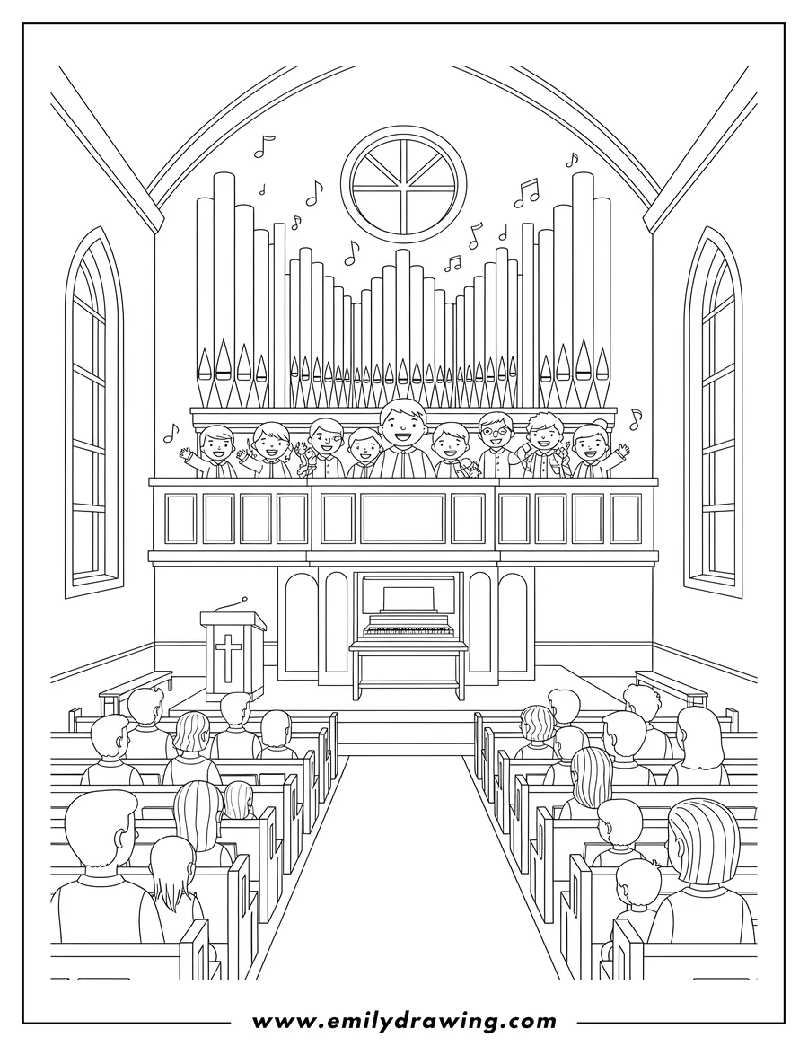 Coloring sheet featuring church sanctuary with worshippers seated in pews, a choir singing, a large pipe organ, and musical notes