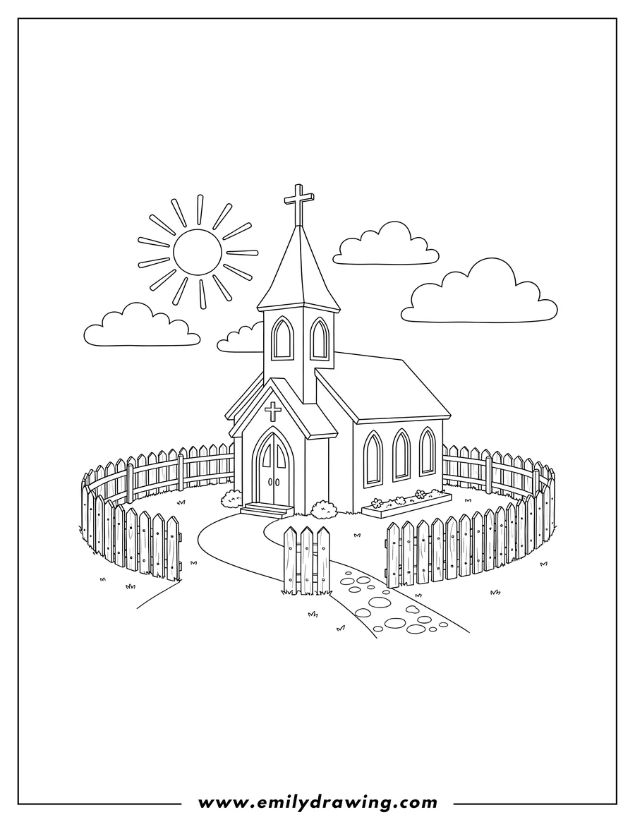 Vector style outline of church with a steeple and a cross, surrounded by a fence, under a sunny sky with clouds