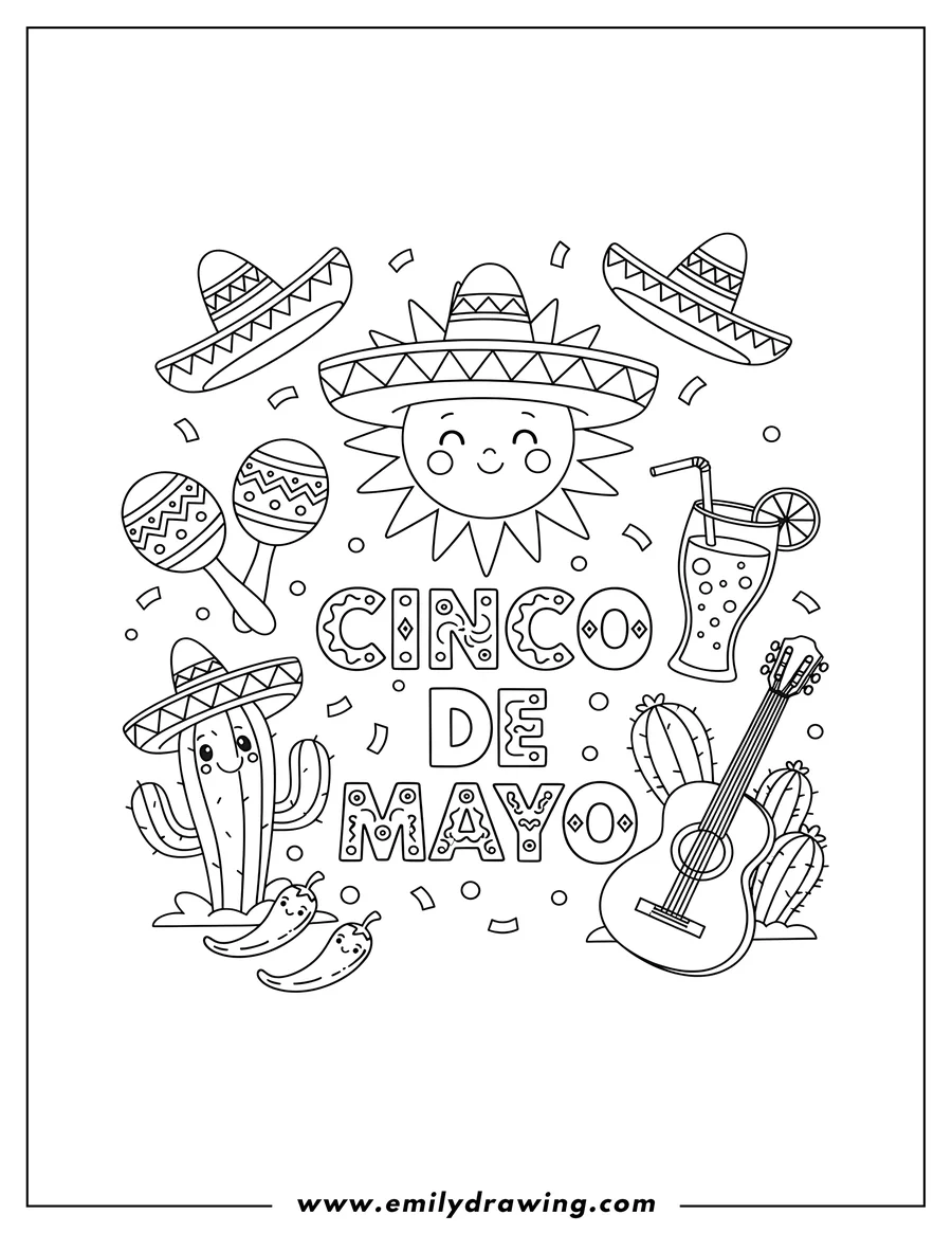 Coloring page of cinco De Mayo scene with 'CINCO DE MAYO' text, sombreros, cacti, jalapeños, maracas, guitar, and a drink