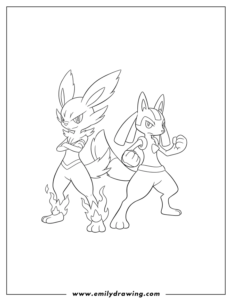 Free to print drawing of cinderace And Lucario Standing Back To Back, Cinderace with crossed arms and fiery feet, and Lucario in a fighting stance
