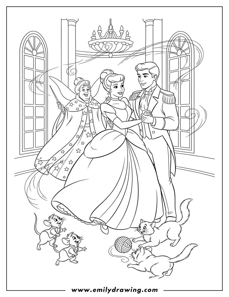 Black and white line art of cinderella and Prince Charming with Fairy Godmother, mice, and cats