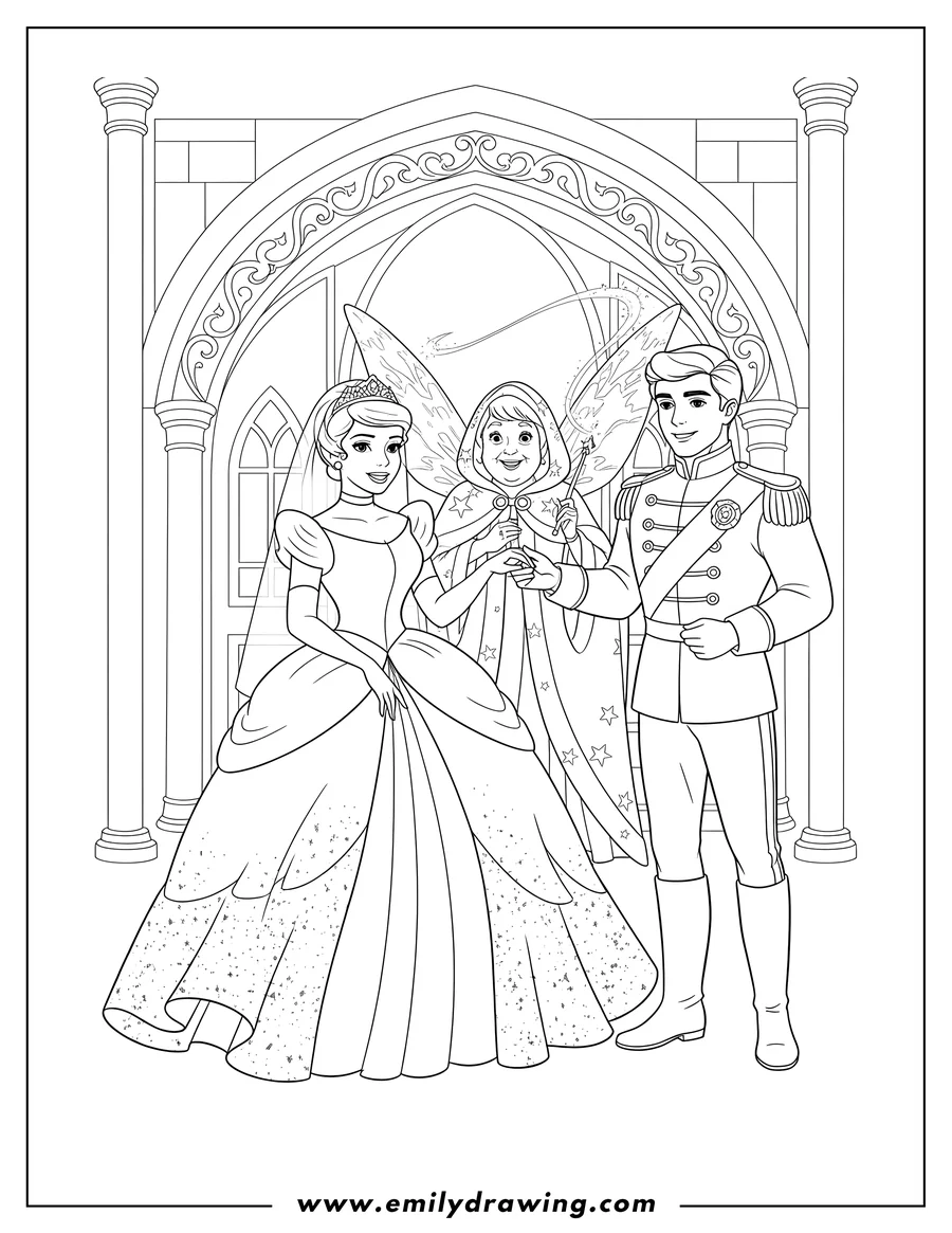 Coloring page of cinderella and Prince Charming's wedding, with Fairy Godmother joining their hands