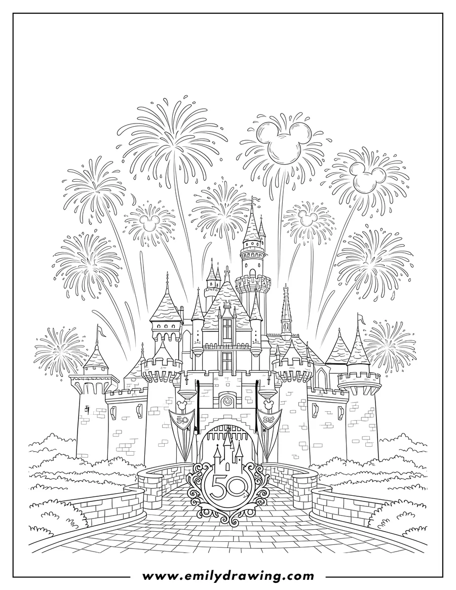 High quality printable disneyland Cinderella Castle With 50th Anniversary Emblem and Fireworks Background for coloring