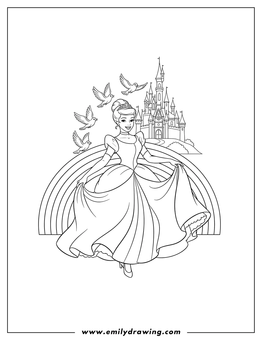 Free printable coloring sheet of cinderella dancing in her ball gown and holding her dress, with flying birds and a rainbow in front of her castle