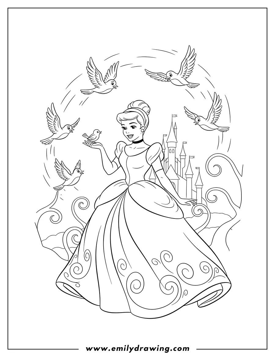 PDF style coloring page: cinderella holding a bird on her hand, with other birds flying