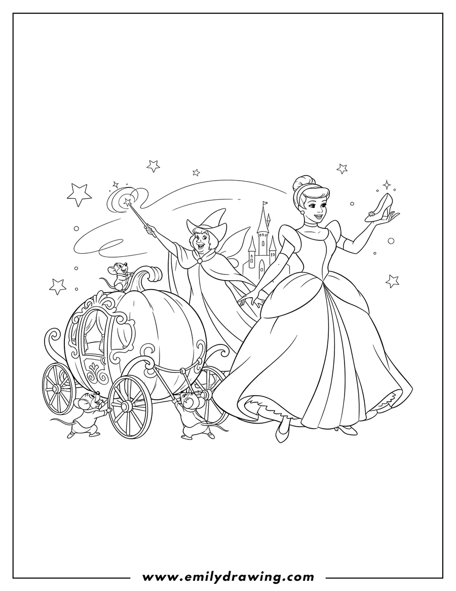 Vector style outline of cinderella holding a glass slipper, with Fairy Godmother and mice creating a pumpkin carriage