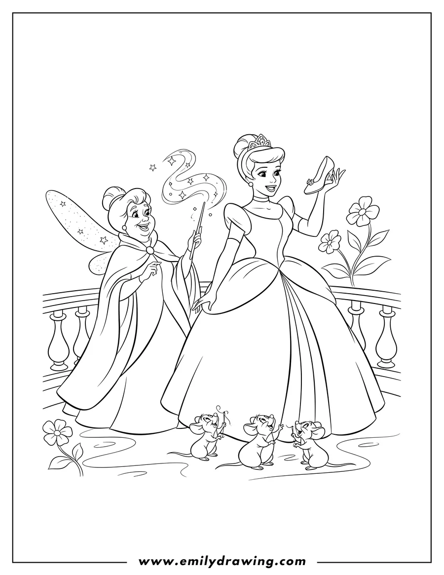 Coloring page of cinderella holding her glass slipper with Fairy Godmother and her mice friends