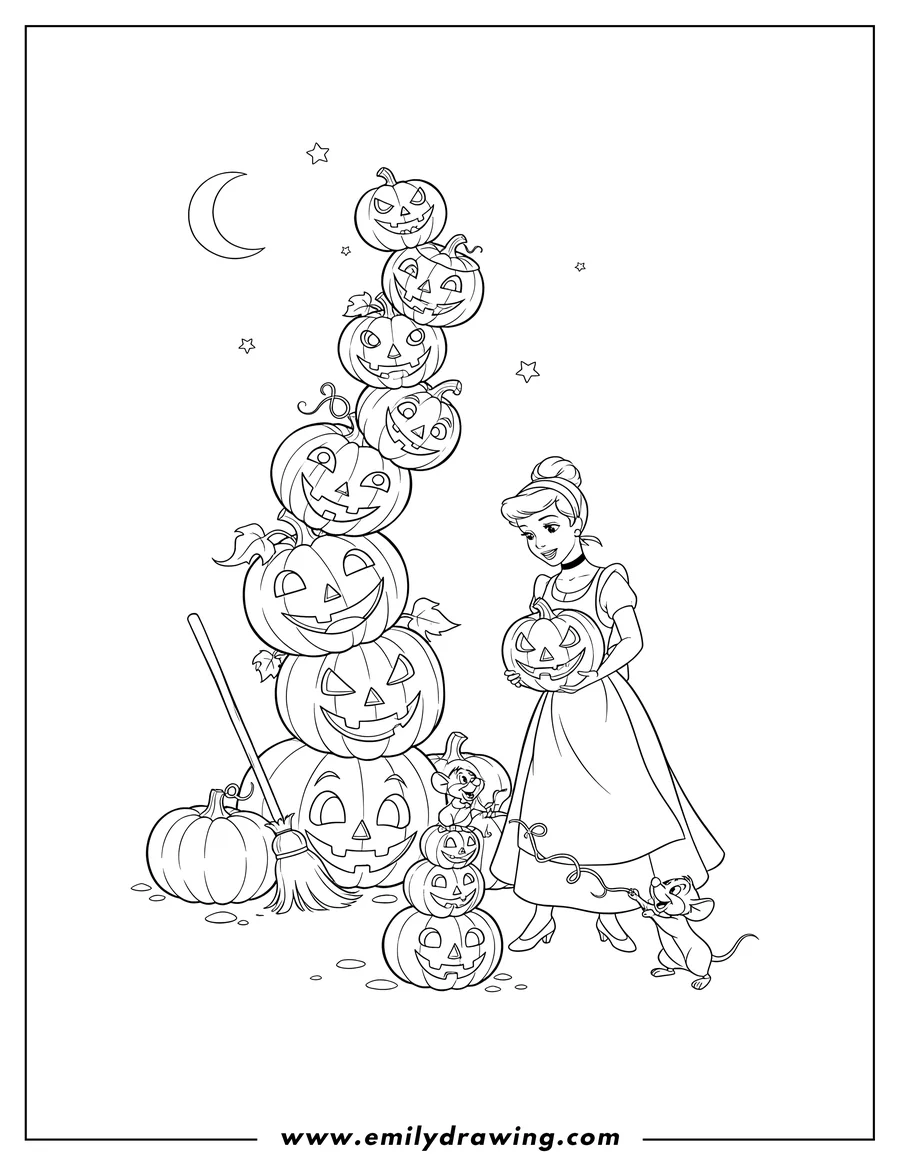 Coloring page for kids: cinderella Making Jack O Lantern Tower Disney Halloween, in her peasant dress and apron, holding a carved pumpkin, with two playful mice