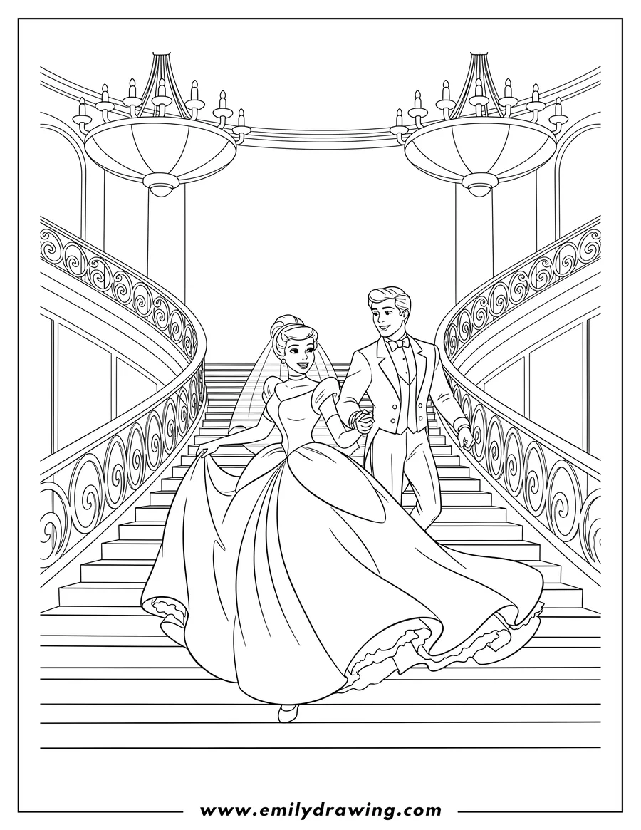 Printable coloring page of cinderella Wedding Day Scaled, running down a grand staircase, holding hands, her dress flowing