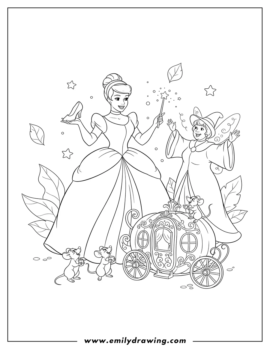 Downloadable coloring page of cinderella holding a glass slipper and magic wand, with Fairy Godmother waving, mice, and a pumpkin carriage