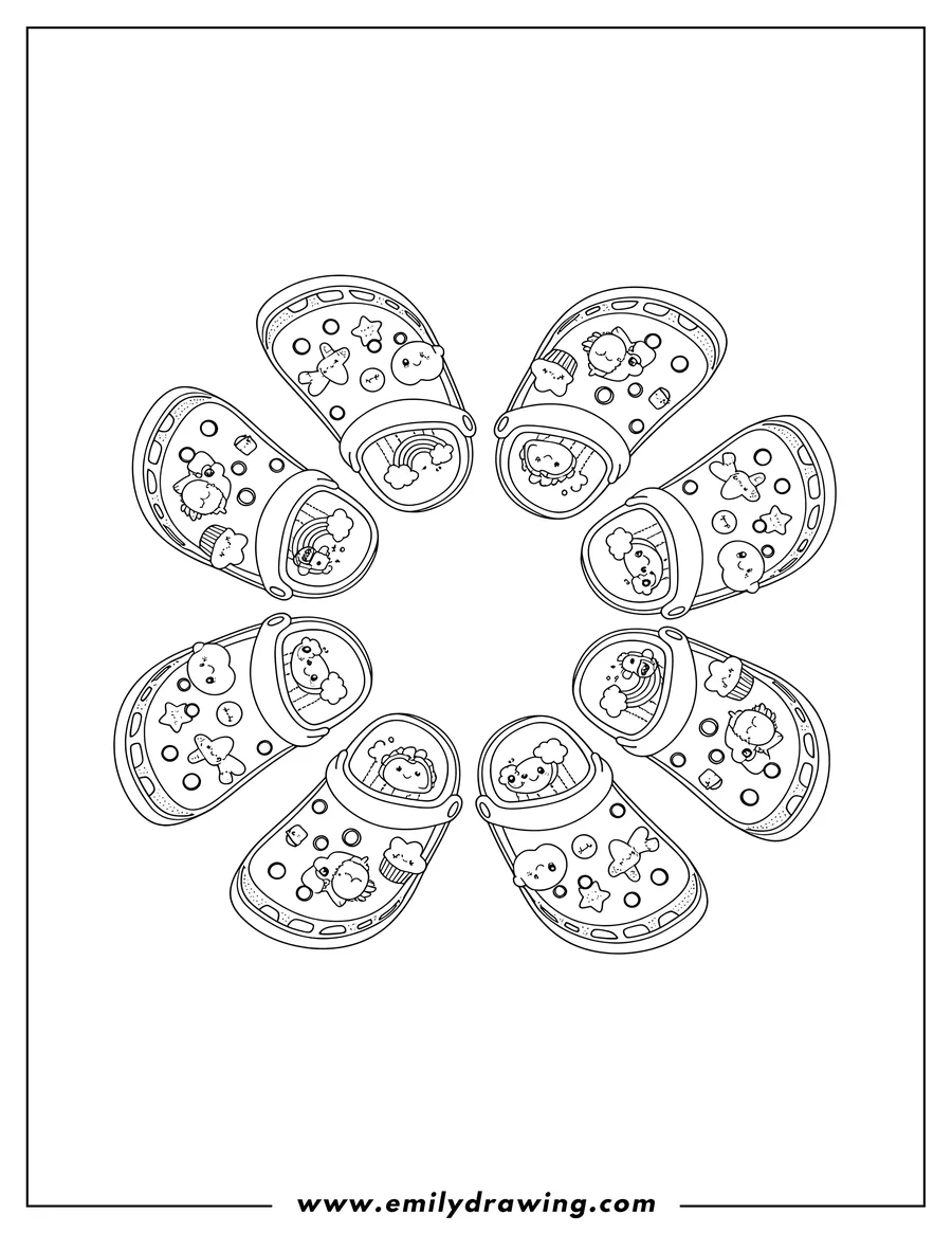 Free to print drawing of several Pairs Cute Crocs in a circle, with cute charms
