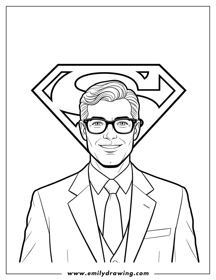 Clean line drawing: clark Kent wearing glasses and a tie, with the Superman logo behind him
