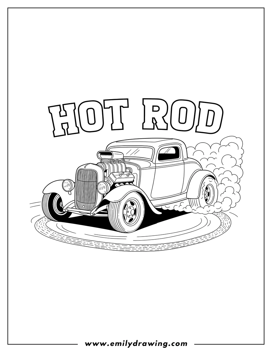 Coloring page for kids: classic 1930S Hot Rod Coupe Burnout with HOT ROD text above and exposed supercharger