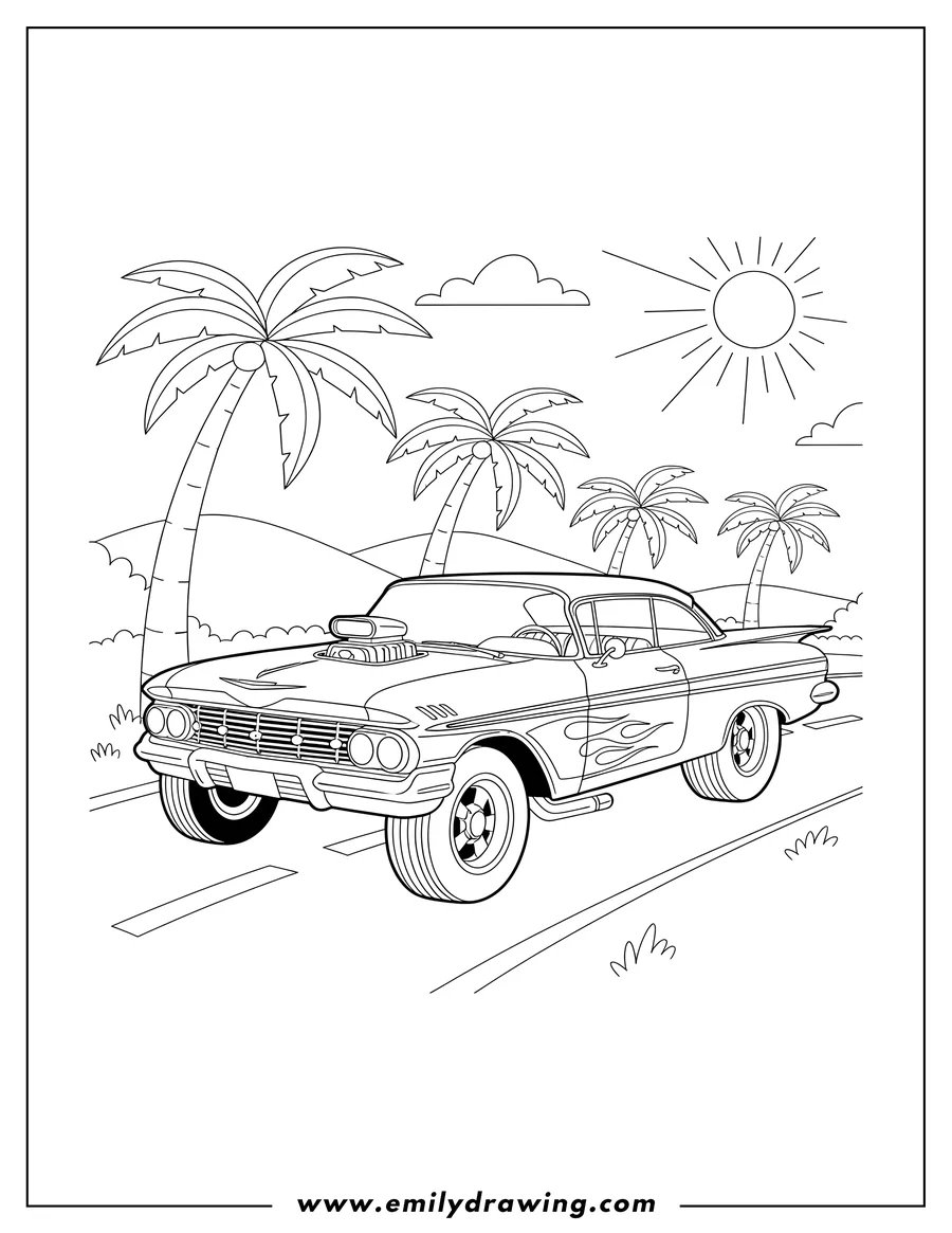 Free to print drawing of classic 1959 Chevy Impala Hot Rod driving on a palm-lined street