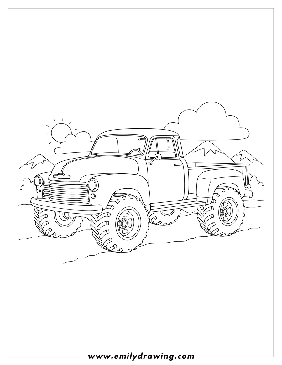 Doodle style coloring picture of classic Chevrolet Pickup Truck, side view, with big tires