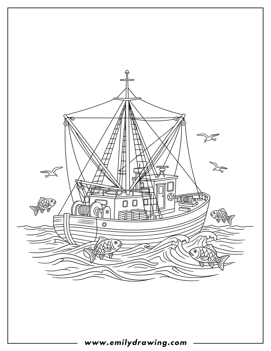Coloring page of classic Fishing Vessel At Work Open Water, with a tall mast and rigging, floating on waves