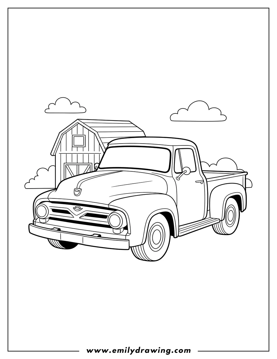 Black and white line art of classic Ford F Series pickup truck coloring page