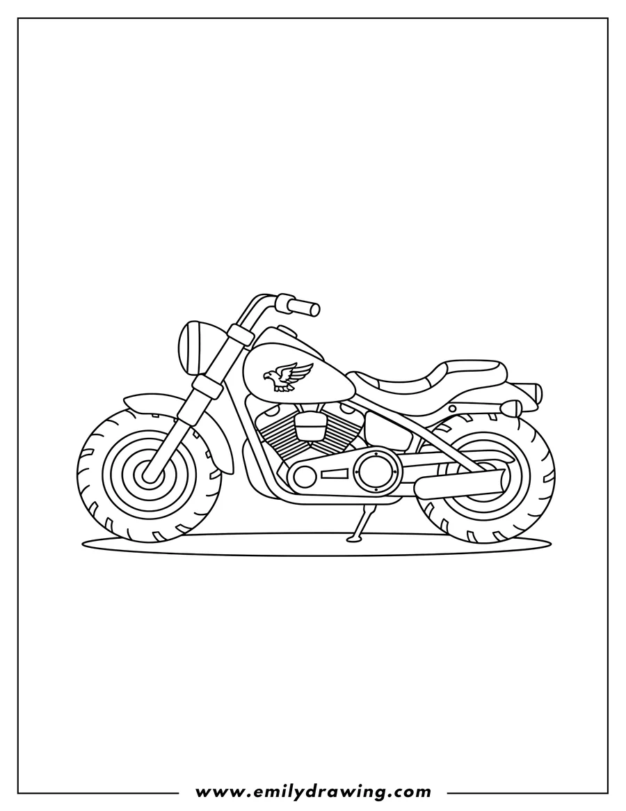 Printable line art of harley Davidson Motorcycle parked, side view