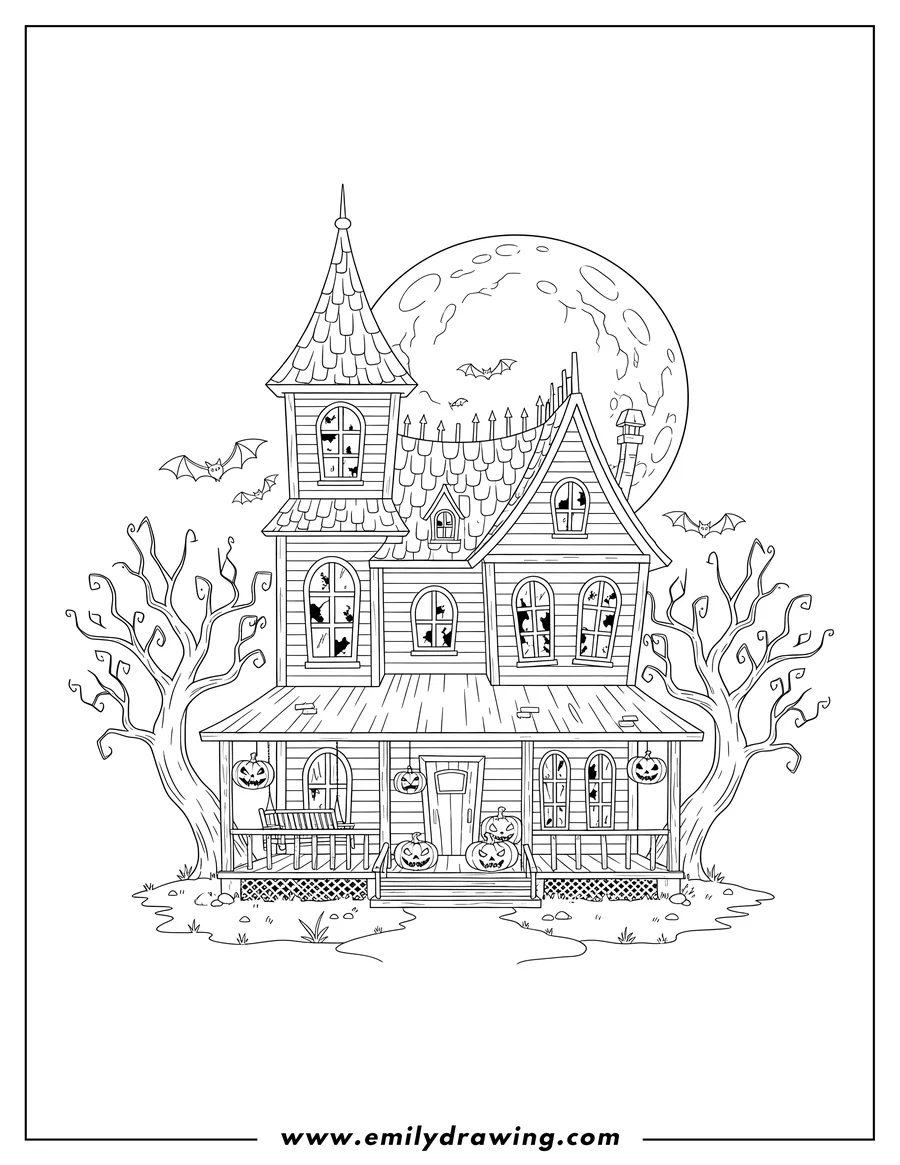 Coloring sheet featuring classic Haunted House With Jack O Lanterns Dead Trees And Bats, with a front porch and a full moon