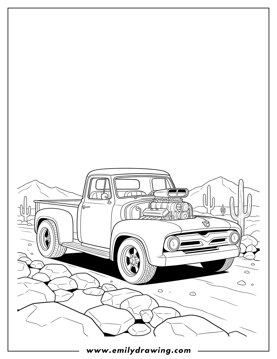 Clean line drawing: classic hot rod pickup truck with exposed engine and oversized rear tires driving on a rocky path