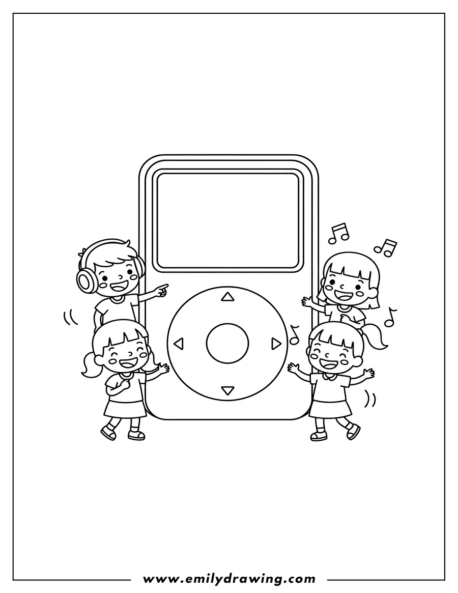 Simple sketch of classic Ipod Music Outline Y2K Preschoolers, with a screen and click wheel controls to color