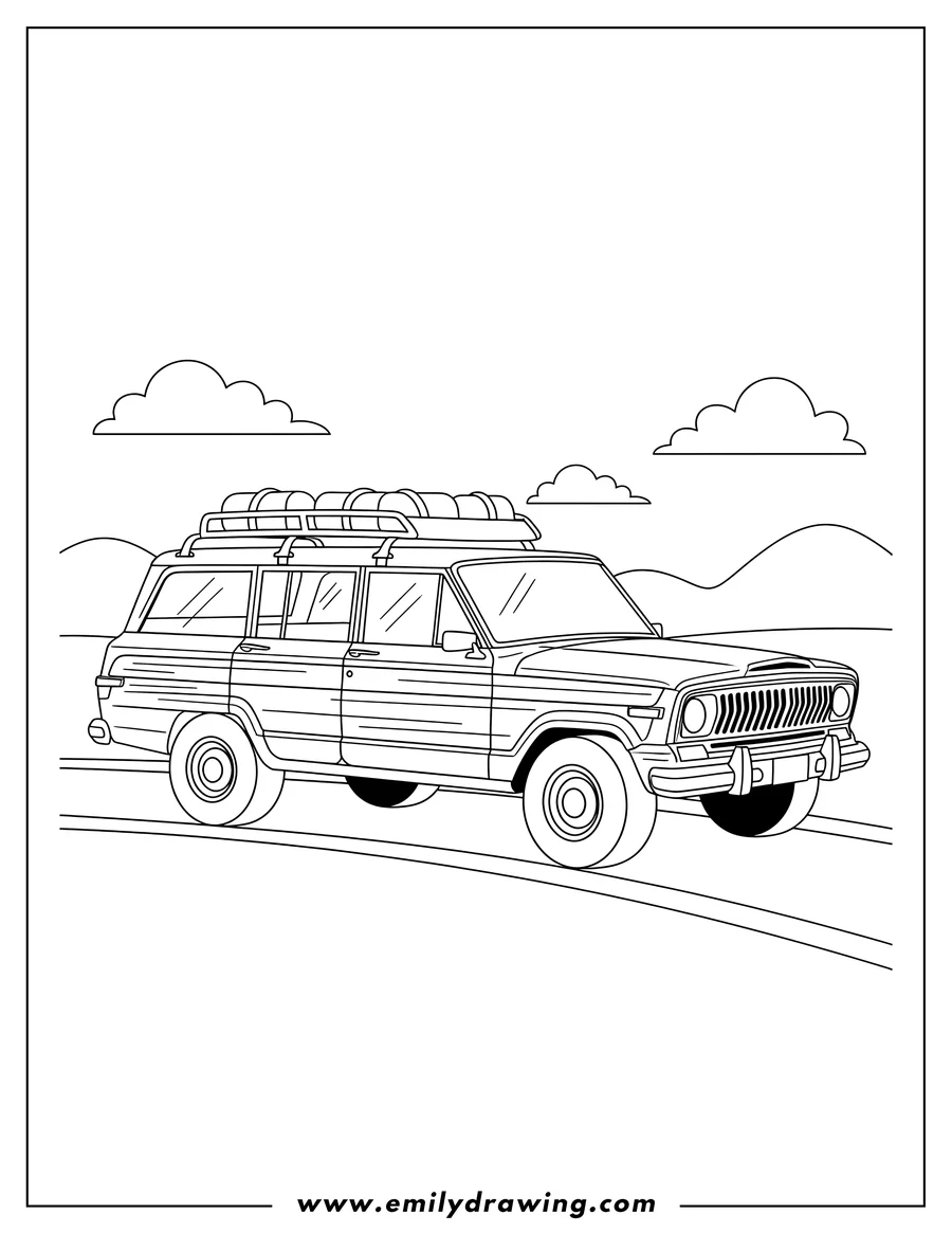 Full page coloring image of classic Jeep Grand Wagoneer with roof rack On Road