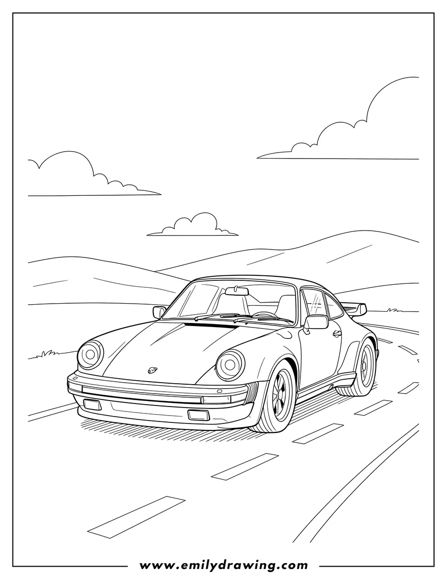 Coloring page of classic Porsche 930 Turbo on a road