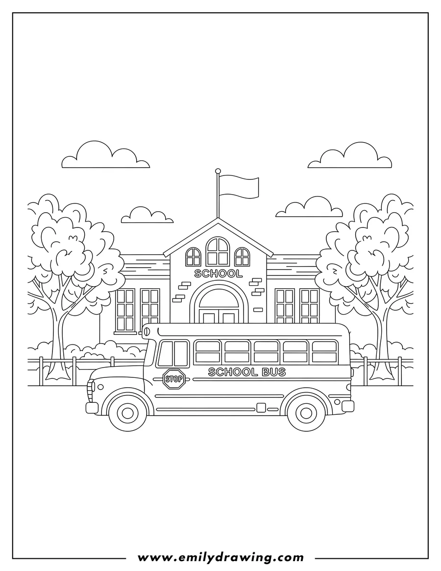 Coloring page of classic School Bus parked in front of a school building with trees