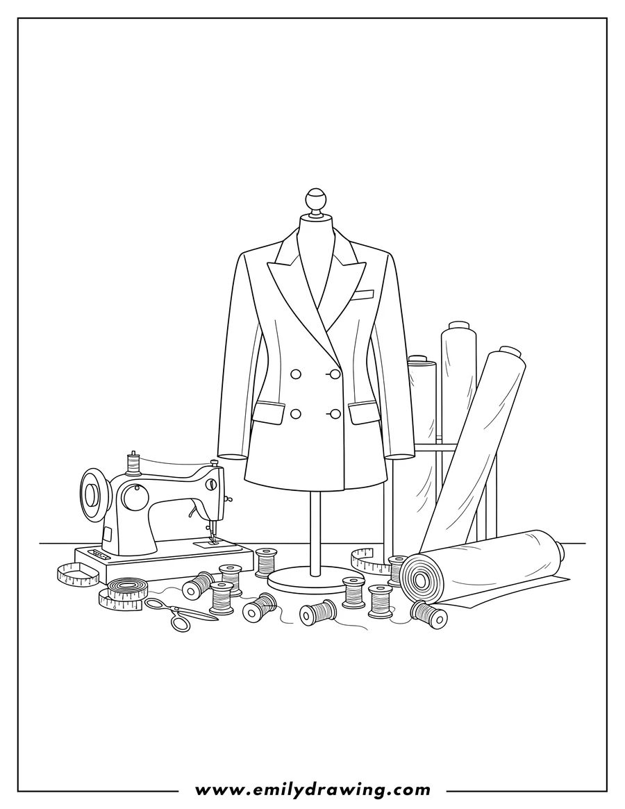Doodle style coloring picture of classic Tailored Double-Breasted Blazer on a Mannequin, with a Sewing Machine, Fabric Rolls, and Spools of Thread