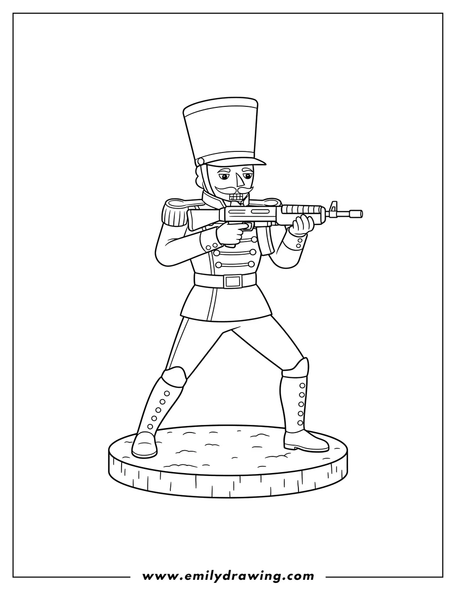 Clean line drawing: classic Toy Soldier Aiming a Submachine Gun in a Wide Stance on a Base