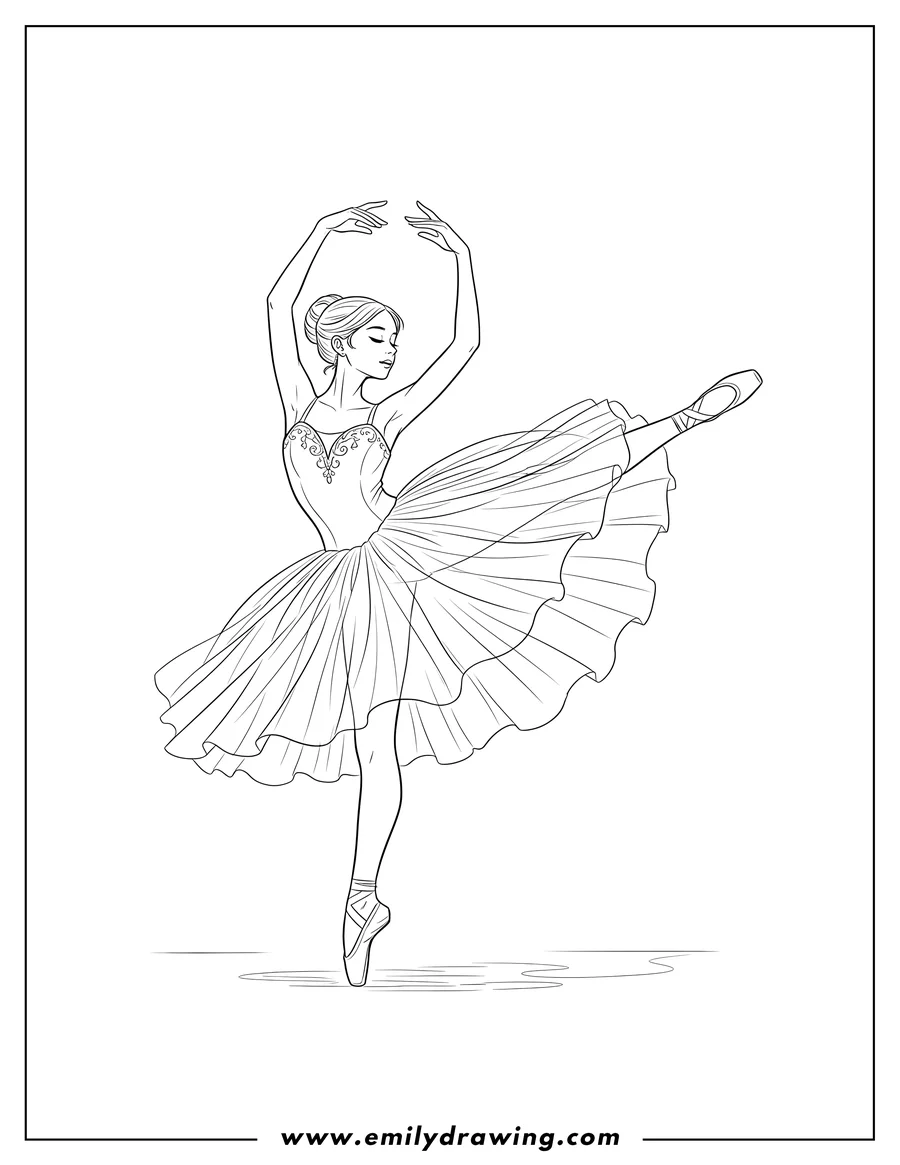 Free printable coloring sheet of classical Ballet Dancer in a flowing dress, dancing with an extended leg