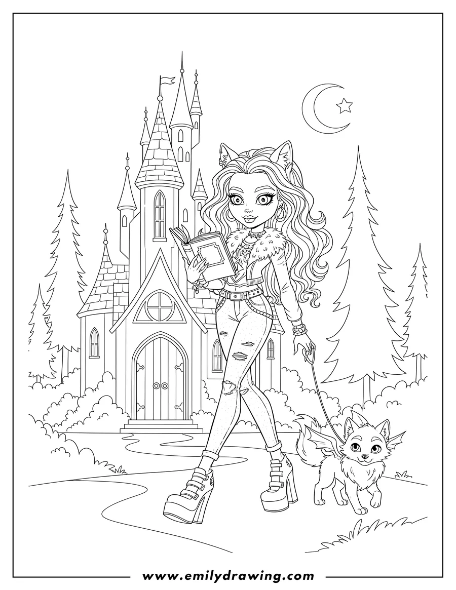 Downloadable coloring page of clawdeen Wolf walking with her pet on a leash, holding a book, outside a Monster High castle
