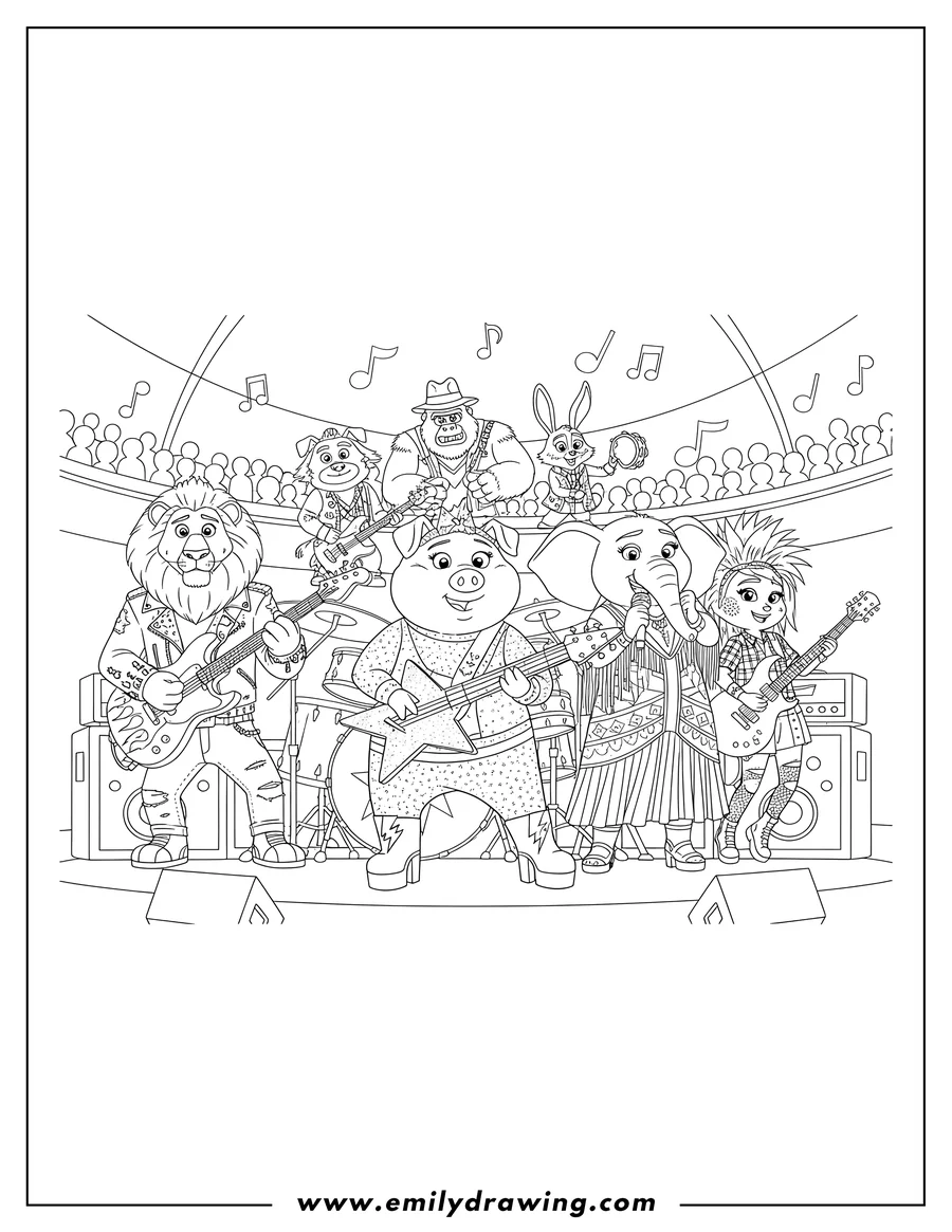 PDF style coloring page: clay Rosita Johnny Meena Ash And Friends Rock N Roll Costumes on stage, playing musical instruments