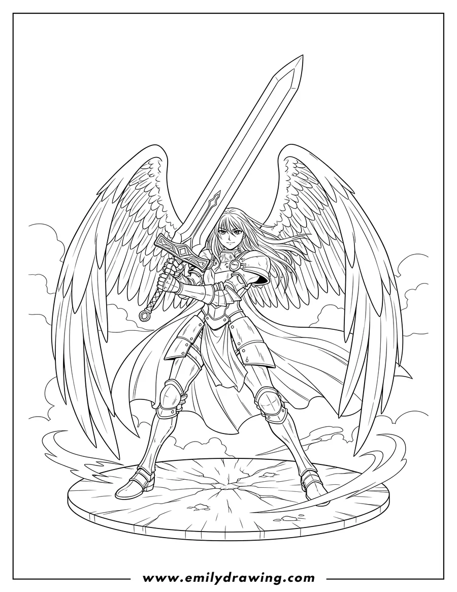 Coloring page for kids: claymore Clare with large wings, holding a sword, and wearing armor
