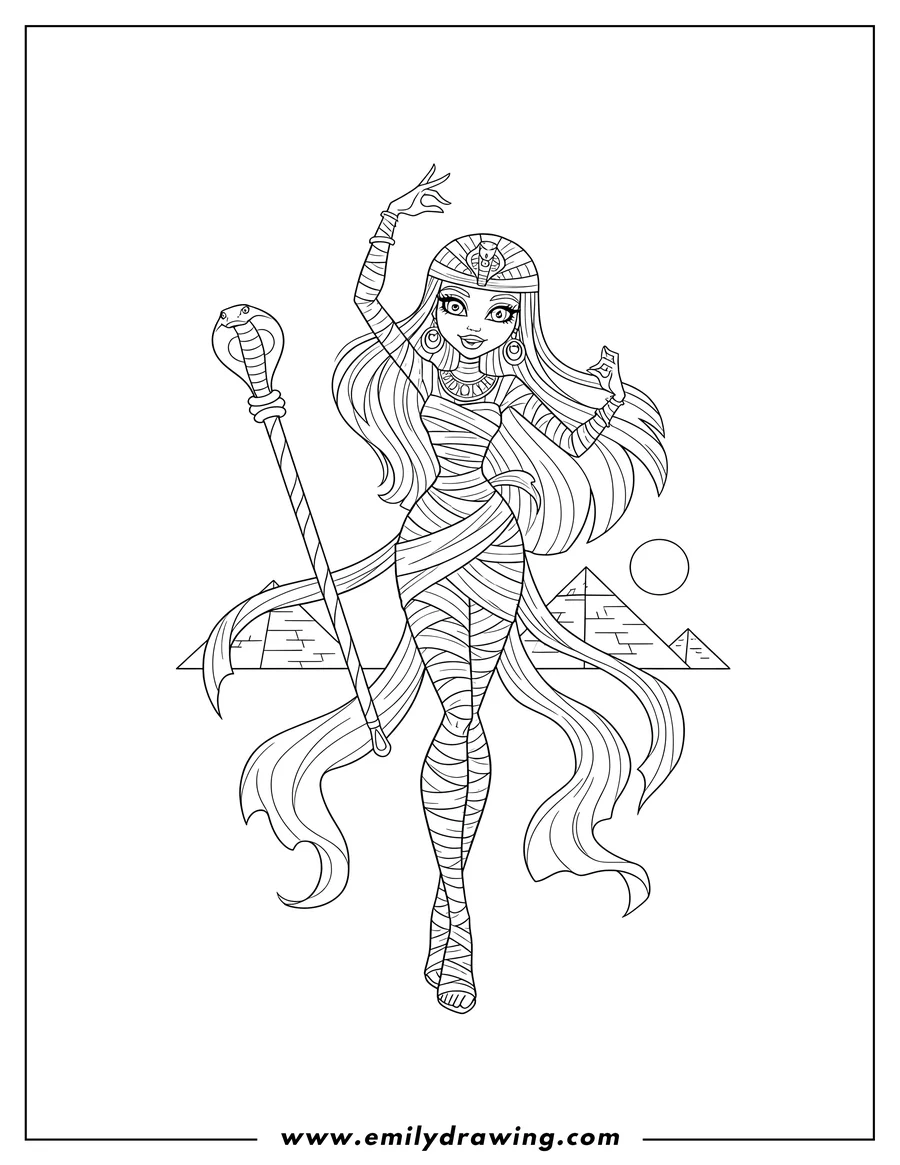 Coloring page for kids: cleo De Nile in mummy wraps, striking an Egyptian dance pose with her arm raised