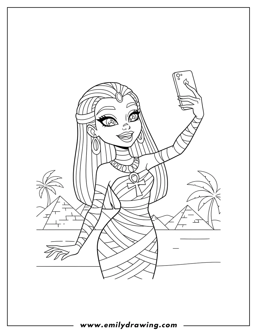Simple sketch of cleo De Nile Taking Selfie, smiling and wearing bandage-like wraps to color